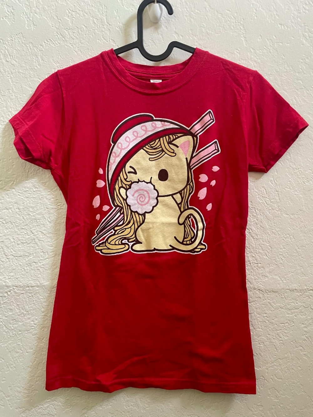Sorbet Jungle Ramen Cat red t-shirt - Women's Size S - cute kawaii kitten noodle